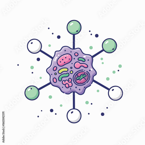 Cute illustration of a cell structure, perfect for educational materials or biotechnology presentations. The atom-like connections highlight the interconnectedness of biological processes