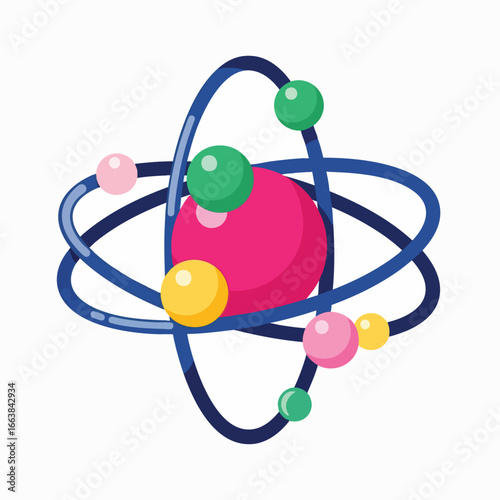 Illustration of a colorful atom model. This vibrant atom design conveys science, research, and biotechnology concepts. Suitable for educational materials, presentations, and scientific content