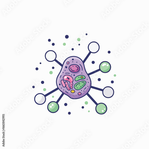 Illustration of a stylized cell with detailed components. This graphic depicts elements of biology, genetics, and biotechnology, and also represents an atom
