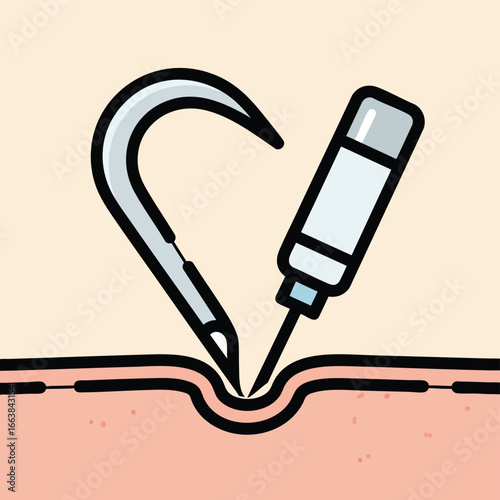 Illustration showing a surgical hook and injection syringe entering skin. Conceptual graphic depicting biotechnology procedures, with atom symbols subtly implied