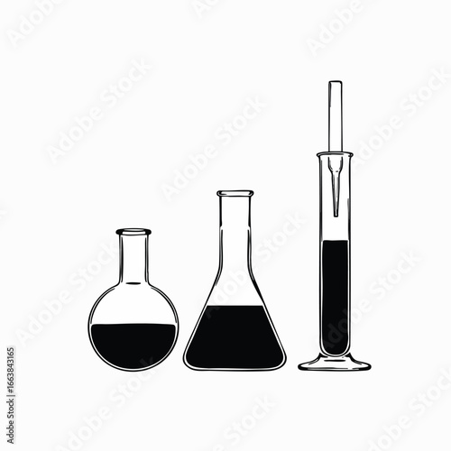 Lab glassware illustration: Erlenmeyer flask, round-bottom flask, and graduated cylinder. Perfect for science, chemistry, biotechnology, or atom-related designs