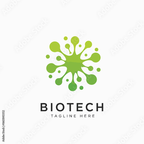 Modern biotechnology logo design with an atom-like or cell-like abstract shape in green. The word 'biotech' is written below the logo