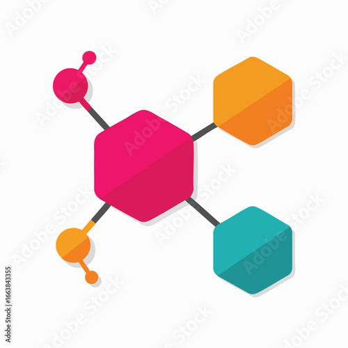Modern, flat-design illustration of an atom structure. A colorful graphic depiction of an atom, relevant to biotechnology