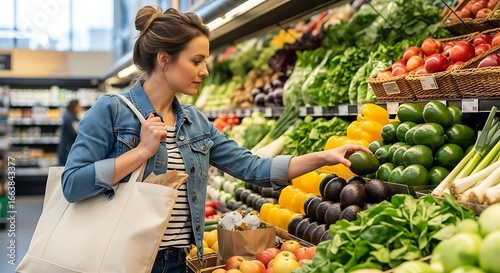 Young woman selecting fresh avocado in the vibrant produce section of a modern grocery store, emphasizing a commitment to healthy eating and a balanced lifestyle