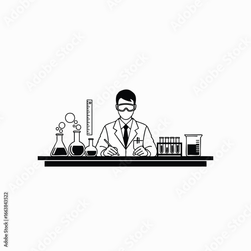 Scientist in a lab coat and safety goggles works at a lab bench with flasks and test tubes. This vector illustration represents scientific research, chemistry, and biotechnology
