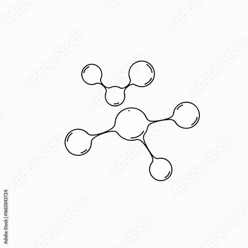 This minimalist line art illustration depicts abstract molecular structures, each representing an atom or a cluster of atoms connected by bonds