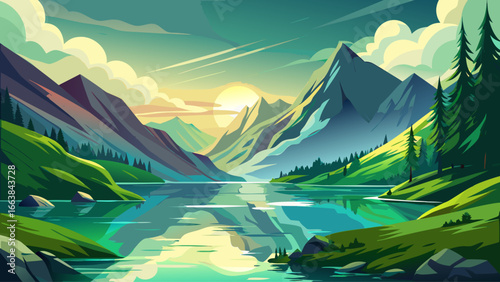 Serene lake lies surrounded by lush green mountains, bright cloudy sky glowing gently above, reflections shimmer quietly, peaceful New Zealand scenery whispering harmony, timeless beauty unfolding gra
