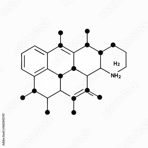This precise vector illustration features a complex organic chemical structure, highlighting the intricate arrangement of each atom