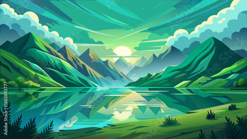Serene lake lies surrounded by lush green mountains, bright cloudy sky glowing gently above, reflections shimmer quietly, peaceful New Zealand scenery whispering harmony, timeless beauty unfolding gra