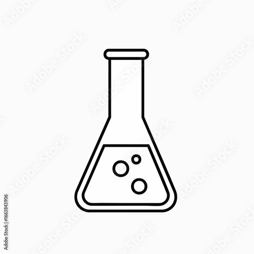 Vector line art icon of a conical flask with liquid and bubbles, symbolizing a scientific experiment. It represents chemistry, biology, and biotechnology research