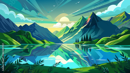 Serene lake lies surrounded by lush green mountains, bright cloudy sky glowing gently above, reflections shimmer quietly, peaceful New Zealand scenery whispering harmony, timeless beauty unfolding gra