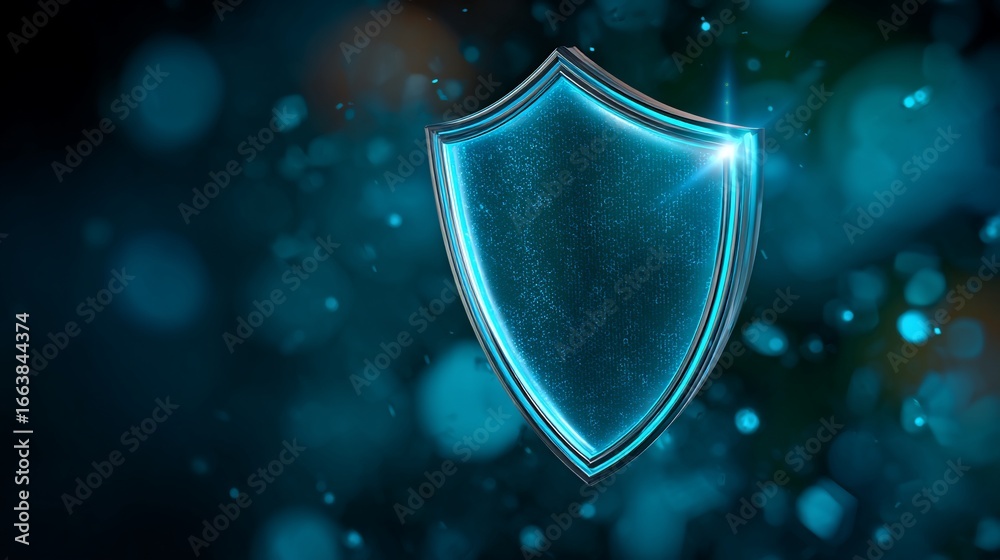 Fototapeta premium Glowing blue shield against blurred lights, security concept
