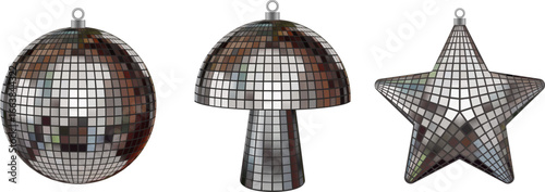isolated disco ball christmas decorations. ball, mushroom and star shaped ornaments. christmas baubles