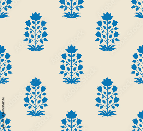 Mughal flower motif seamless pattern. Traditional flower pattern illustration. Flower pattern for fashion, fabric, textile, and wallpaper.

