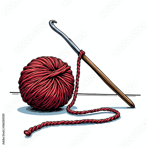 Crochet hook and red yarn ball for creative crafting