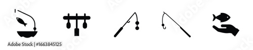 Collection fishing icons showing fish gear hook reel
