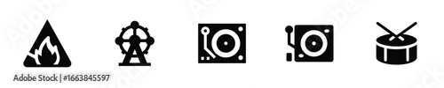 Icons fire warning symbol Ferris wheel turntable drum sticks triangle flame