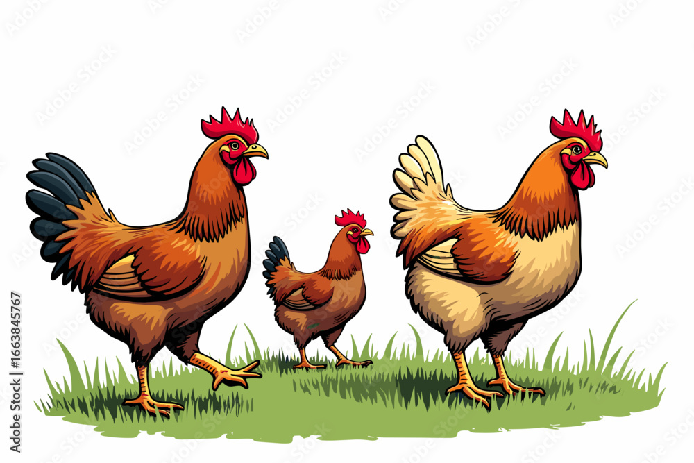 Fototapeta premium Chickens walking on green grass field in lively farm setting