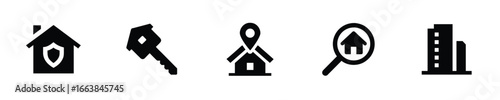 Real estate icons house key map pin magnifying glass building home