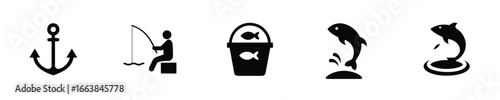 Silhouette icons anchor fishing bucket jumping fish vector