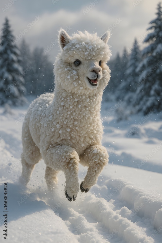 Obraz premium Cute Funny Alpaca Bouncing Happily Through Snow Explosion