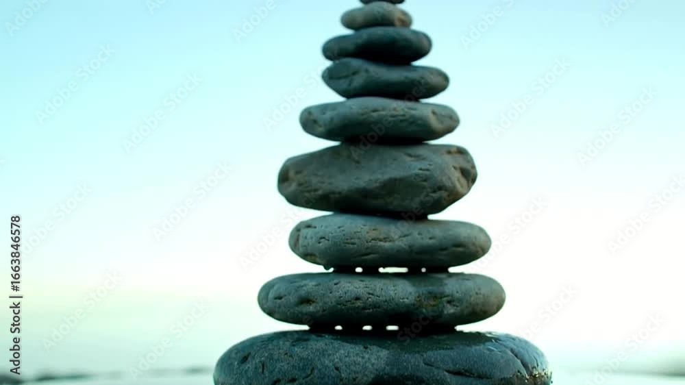 A carefully balanced stack of dark gray stones against a blurred seascape background. A carefully balanced stack of dark gray stones against a blurred seascape background.