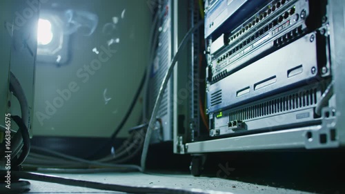 Server room with network cables and smoke, data center, network infrastructure, system failure, outage, technology, IT infrastructure, server racks.