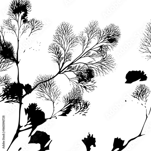 Black and white botanical illustration of dill plant, nature drawing, fine art, vector graphic, 100 character art