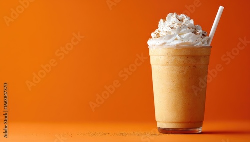 Fototapeta Naklejka Na Ścianę i Meble -  Pumpkin Spice Frappe, autumn drink, orange background, whipped cream, fall season, menu photography