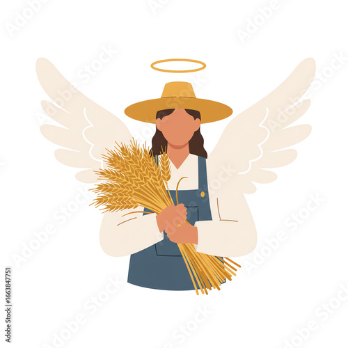 Angelic Farmer Illustration: Woman with Wings, Halo, Wheat, and Overalls in a Flat Vector Style for Agricultural Concepts