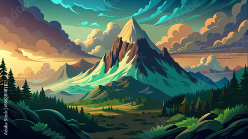 Majestic mountain peak cloaked in drifting clouds, lush green forest stretching below, vast wilderness breathing stillness, timeless landscape glowing softly, nature’s strength meeting mystery, eterna