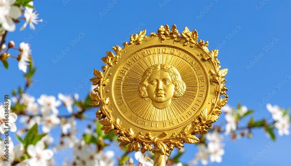 Obraz premium Golden medallion with a face, surrounded by floral design, against a spring sky