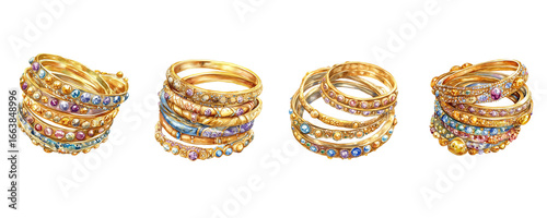 Foto Set of golden bangle bracelets with colorful gemstones and enamel accents