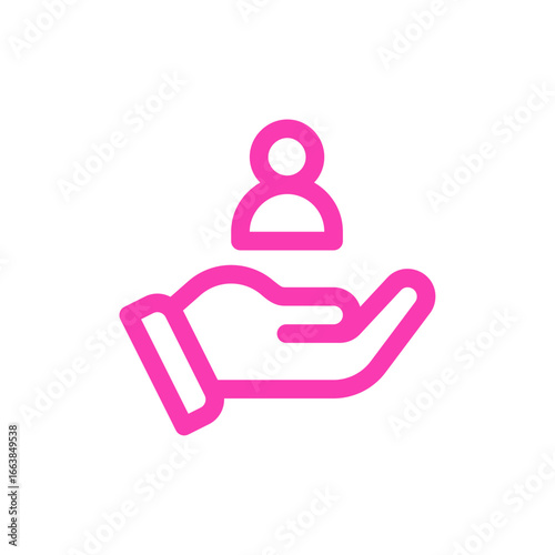 Support Hand: A minimalist, neon-pink icon depicts a supportive hand gently cradling a figure. The design speaks to themes of care, assistance, and people.