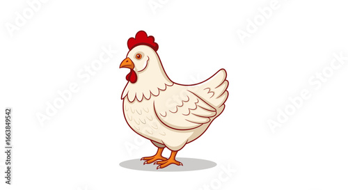 Illustration of a White Chicken Standing Proudly in a Farmyard Setting, Captured from a Side View with a Playful Concept