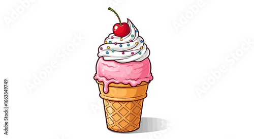 Ice Cream Sundae, Kitchen Counter, Digital Illustration, Colorful Environment, Top View, Sweet Treat Concept