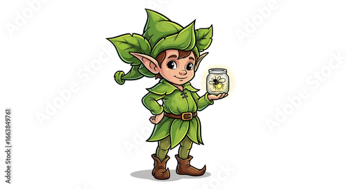 Magical Action of a Leafy Boy Fairy Holding a Glowing Jar in a Whimsical Environment