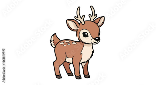 Charming Illustration of a Young Deer in a Forest Setting, Nature-Themed Artwork, Whimsical Style, Animal Character Design
