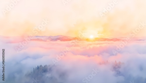 Dramatic and beautiful orange clouds float in the blue sky above the mountains as the sun rises over the river