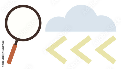Magnifying glass examining cloud symbol with data arrows pointing left. Ideal for data analysis, cloud computing, research, investigation, information flow, problem-solving, simple flat metaphor