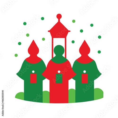 choir singing carols with lanterns in snowy street