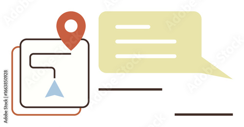 Route map with a location marker and navigation path paired with a speech bubble for feedback, ideas, communication, collaboration, logistics, planning, travel, customer service. Simple flat metaphor