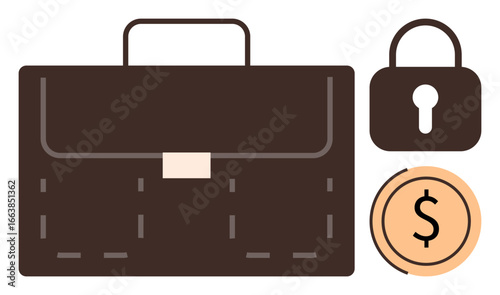 Brown briefcase next to a padlock and dollar coin. Ideal for business, security, finance management, wealth, strategy, savings, career growth. Simple flat metaphor