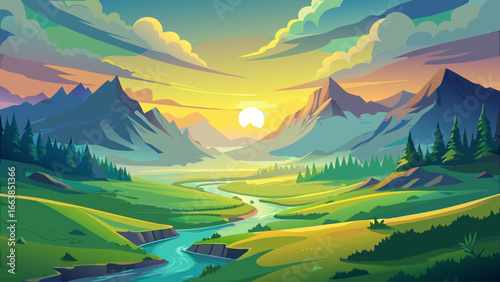 Serene sunrise paints green valley, mist curling above winding river, golden light spreading warmth, picturesque landscape glowing timelessly, harmony between sky and earth unfolding gently, eternal b