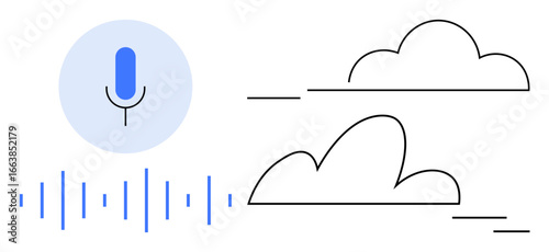 Microphone with sound waves, connected with cloud outlines representing data processing and storage. Ideal for technology, communication, AI, innovation, cloud services, audio processing, digital