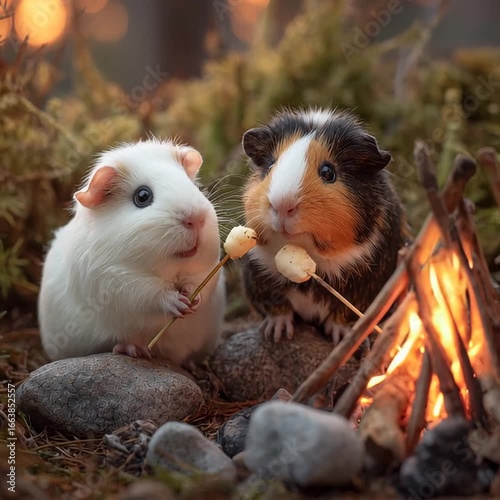 TWO cute Guinea pigs are camping near fire and are trying food on a sticks, one guinea pig is white and one is black and brown. They are very happy and cute