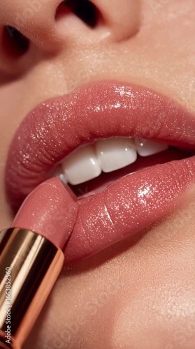 close-up of lips applying Charlotte Tilbury Pillow Talk lipstick, creamy texture, soft light gliding over gloss, beauty campaign macro detail, mauve and gold shine, editorial shot