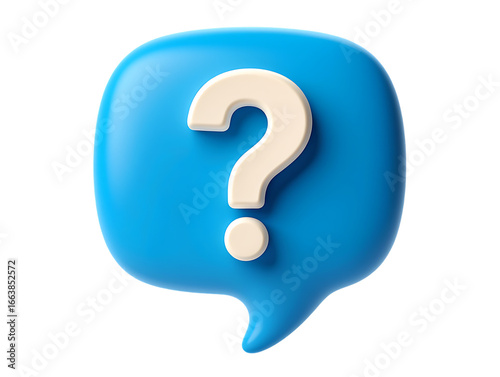 3D Render: Blue Speech Bubble with White Question Mark;  Friendly, Curious, Help Concept.