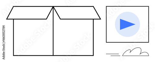 Open cardboard box with a blue play button and motion lines conveying shipping, unboxing, media interaction. Ideal for packaging, logistics, delivery, multimedia, innovation, creativity simplicity