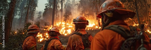 Firefighters battling wildfire in forest, smoke in background